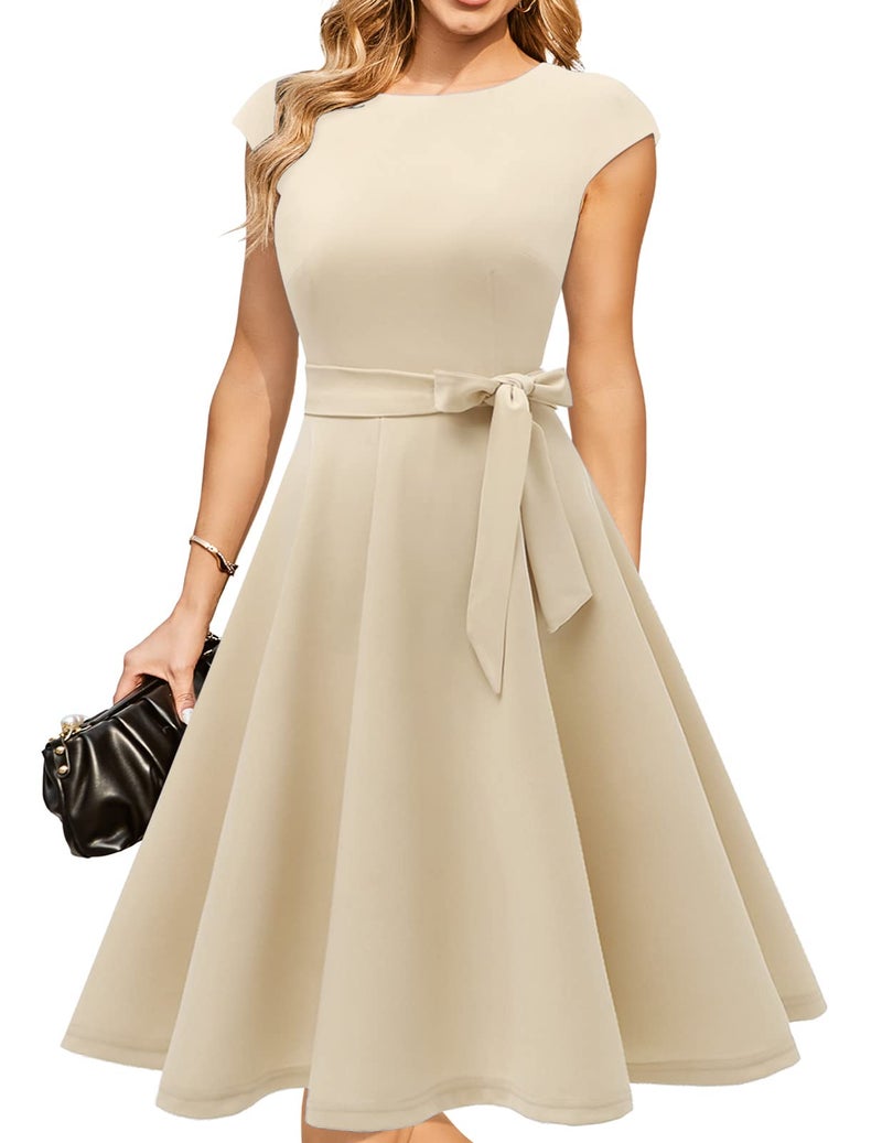 DRESSTELLS Vintage Tea Dress for Women, 1950s Cocktail Party Dresses, Modest Bridesmaid Dress for Wedding, Fit Flare Prom Dress, Plus Size Work Dress Champagne 2XL - Image 1